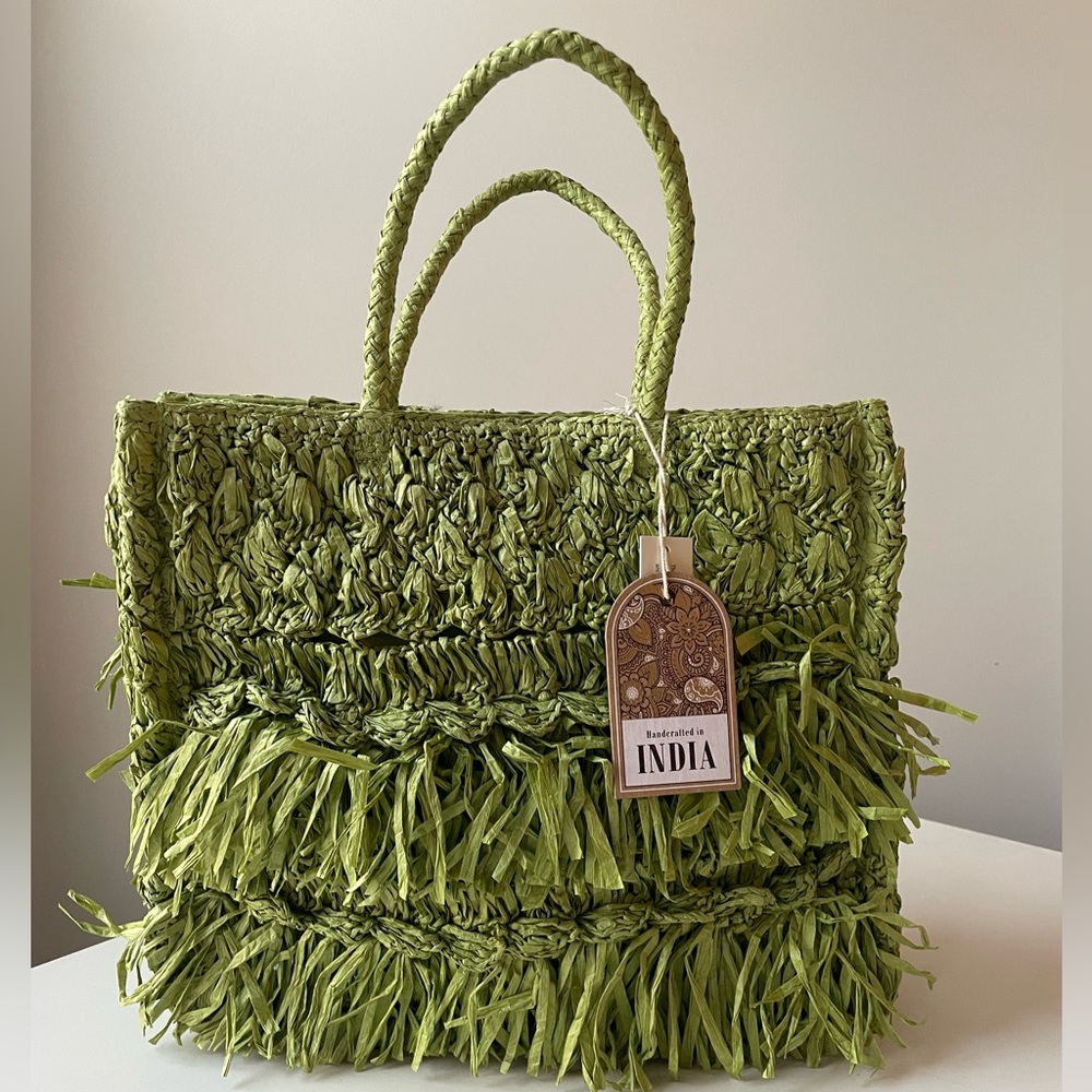 NWT Handcrafted in India Paper Fringe Tote Bag